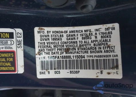 2008 Honda Civic Ex z USA, uszkodzony, nr VIN 1HGFA16888L115094